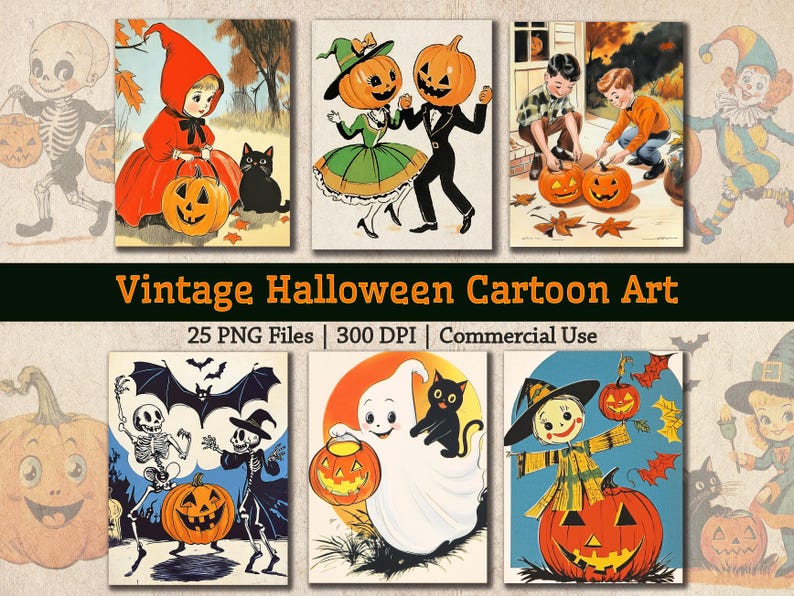 May include: A set of 25 vintage Halloween cartoon illustrations featuring skeletons, ghosts, pumpkins, bats, and witches. The illustrations are in a colorful cartoon style and are perfect for adding a touch of vintage charm to your Halloween projects.