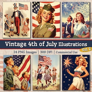 Lot d'images vintage du 4 juillet, fête de l'indépendance des États-Unis d'Amérique, cartes de journal imprimable Americana Junk Journal des années 50, Volume 2