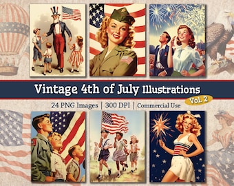 Vintage 4th Of July Independence Day USA America Image Bundle, 1950s Retro Flag Day Clipart Printable Americana Junk Journal Cards, Volume 2