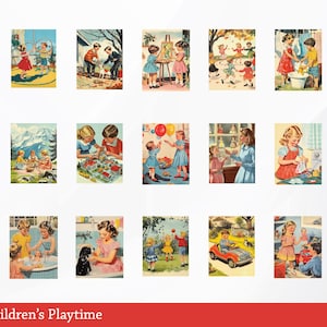 Puede incluir: Una colecci&oacute;n de 21 ilustraciones vintage que representan a ni&ntilde;os jugando. Las ilustraciones est&aacute;n en un estilo retro con colores brillantes y l&iacute;neas simples. Los ni&ntilde;os est&aacute;n involucrados en diversas actividades, como jugar con juguetes, hornear un pastel, pintar y jugar en el agua.