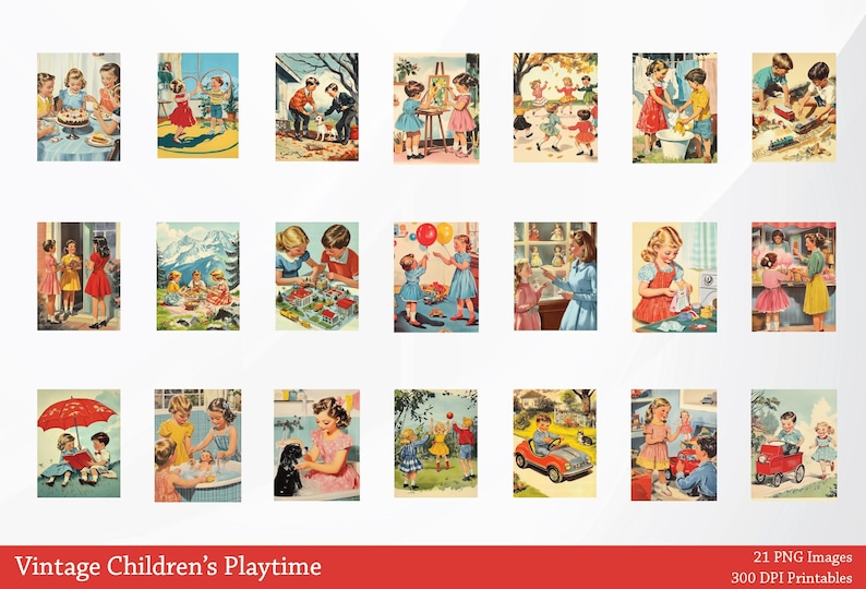 Puede incluir: Una colecci&oacute;n de 21 ilustraciones vintage que representan a ni&ntilde;os jugando. Las ilustraciones est&aacute;n en un estilo retro con colores brillantes y l&iacute;neas simples. Los ni&ntilde;os est&aacute;n involucrados en diversas actividades, como jugar con juguetes, hornear un pastel, pintar y jugar en el agua.