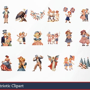 May include: A collection of vintage patriotic clipart images featuring children, Uncle Sam, an eagle, and American flags. The illustrations are in red, white, and blue, perfect for Independence Day or other patriotic projects. The text at the bottom reads "Vintage Patriotic Clipart".