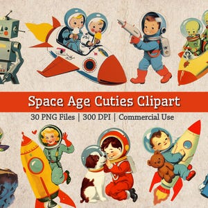 Pacchetto Clipart Retro Futurismo Spaziale, PNG Futuro Vintage, Clipart Mid-Century Modern Anni '50, Astronauti Alieni Carini, Stampa Stampabile