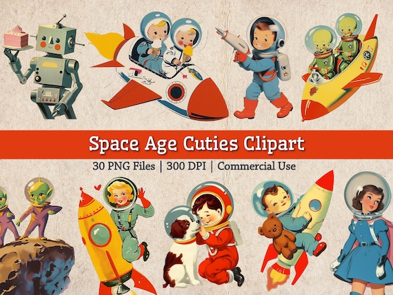 Retro Futurism Space Age Clipart Bundle, Vintage Future PNG, Mid Century Modern 1950s Clipart, Cute Astronauts Aliens, Print Printable