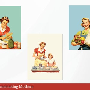 May include: Three vintage illustrations of women in 1950s clothing. The first image shows a woman in a red and white dress looking at a cookbook. The second image shows a woman in a yellow apron cooking with a child. The third image shows a woman in a blue dress carrying a bag of groceries.