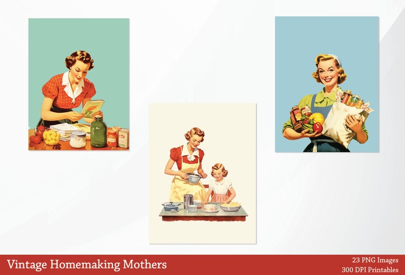 May include: Three vintage illustrations of women in 1950s clothing. The first image shows a woman in a red and white dress looking at a cookbook. The second image shows a woman in a yellow apron cooking with a child. The third image shows a woman in a blue dress carrying a bag of groceries.