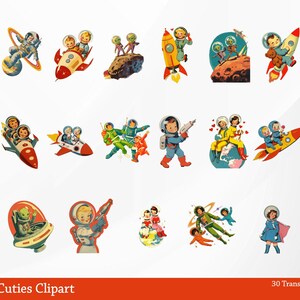 May include: A collection of vintage-style space-themed clipart images. The illustrations feature astronauts, rockets, robots, and planets in a retro color palette. The text "Space Age Cuties Clipart" is displayed at the bottom.
