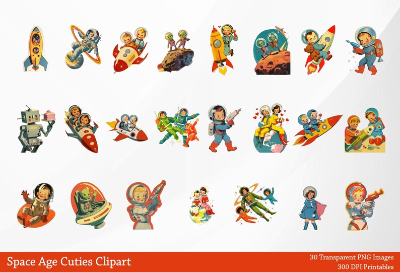May include: A collection of vintage-style space-themed clipart images. The illustrations feature astronauts, rockets, robots, and planets in a retro color palette. The text "Space Age Cuties Clipart" is displayed at the bottom.