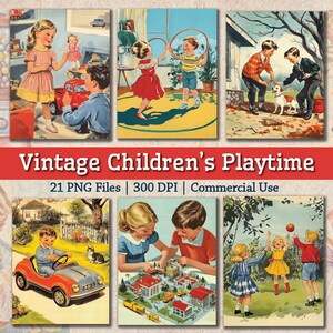 Pacote de imagens de brincadeiras infantis vintage dos anos 1950, clipart retrô para impressão, PNG de playground, imagens infantis vintage, colagem de diário de lixo