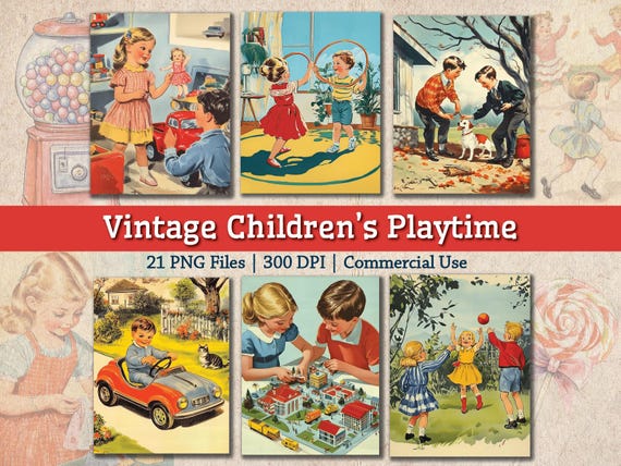 Vintage Children's Playtime 1950s Image Bundle, Printable Retro Clipart, Playground PNG, Vintage Kids Images, Junk Journal Collage
