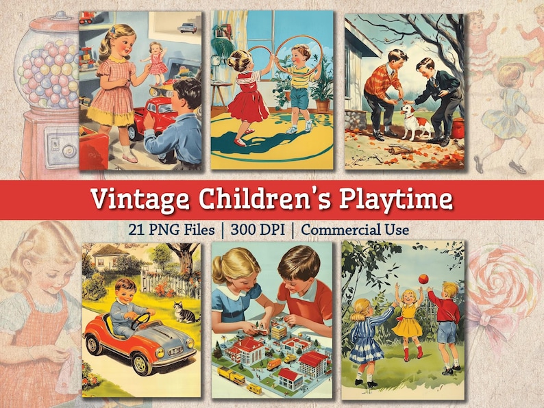 Puede incluir: Un conjunto de 21 ilustraciones vintage de ni&ntilde;os jugando. Las ilustraciones son de estilo de dibujos animados y presentan ni&ntilde;os jugando con juguetes, montando en bicicleta y jugando a juegos. Las ilustraciones son de varios colores y son perfectas para agregar un toque de nostalgia a tus proyectos.