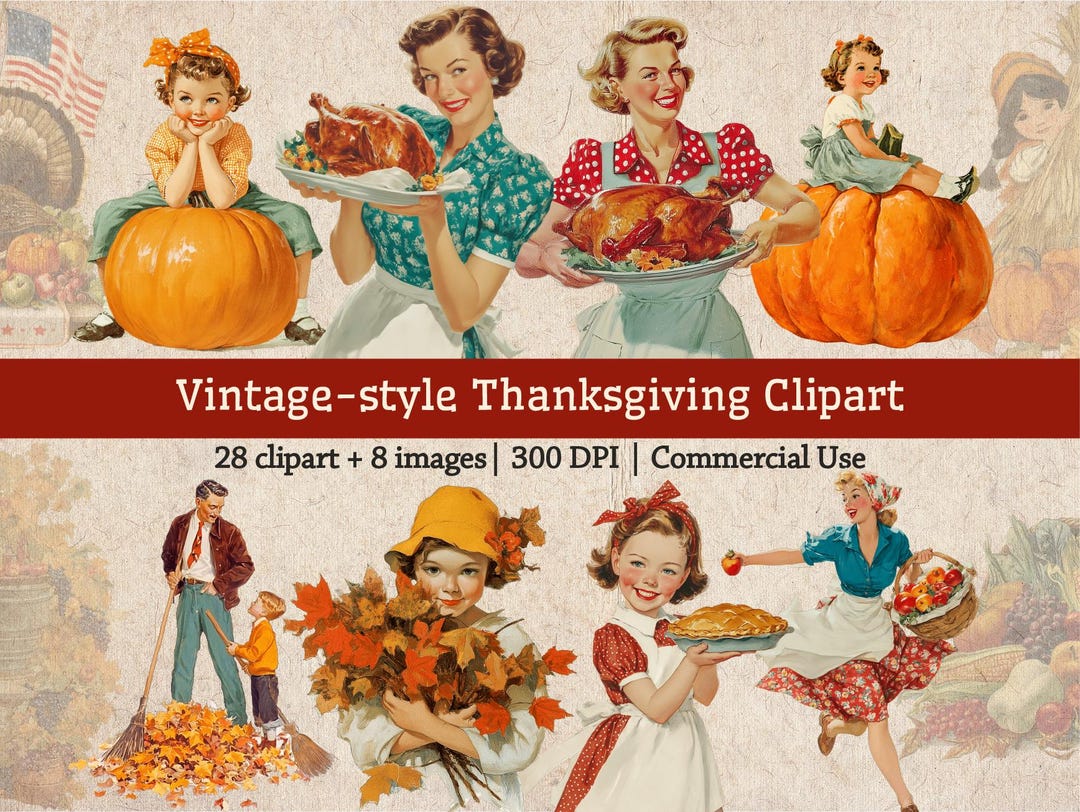 Vintage 1950s-style Mixed Thanksgiving Clipart, Retro 50s Autumn