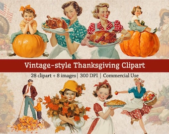 Clipart de Thanksgiving mixte de style vintage des années 50, illustrations d'automne rétro des années 50, action de grâces de banlieue, récolte d'automne, ensemble d'images de clipart