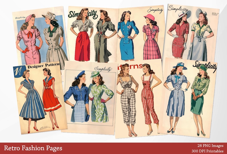May include: A set of 10 vintage fashion illustrations featuring women in various retro outfits. The illustrations are in black and white and have a vintage feel. The illustrations are perfect for use in scrapbooking, card making, and other craft projects.