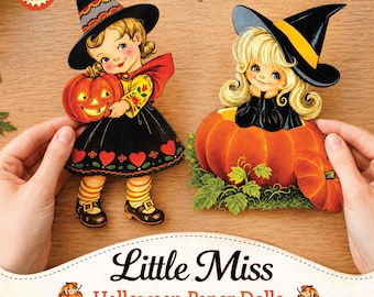 Poupées en papier Petite Miss Halloween, poupées à imprimer pour Halloween, clipart rétro kitsch et effrayant, téléchargement numérique