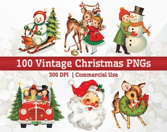 100 High-Quality Vintage Christmas Clipart Bundle, Retro Xmas Images PNG for Sublimation, Printable Kitsch Holiday Winter Illustrations