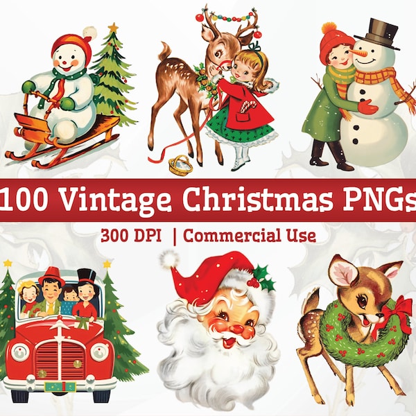 100 hochwertiges Vintage Weihnachtsclipart-Bundle, Retro Weihnachtsbilder PNG für Sublimation, druckbare Kitsch Urlaub Winter Illustrationen