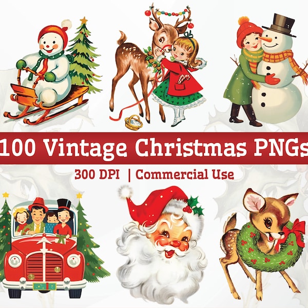 100 High-Quality Vintage Christmas Clipart Bundle, Retro Xmas Images PNG for Sublimation, Printable Kitsch Holiday Winter Illustrations