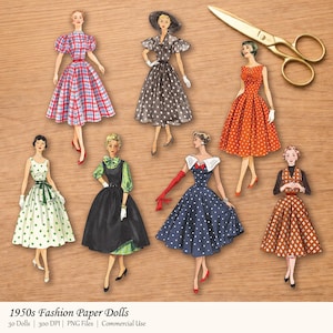 May include: A collection of vintage paper dolls featuring women in 1950s fashion. The dolls are dressed in various dresses with polka dots, plaid, and solid colors. A pair of gold scissors is also present.
