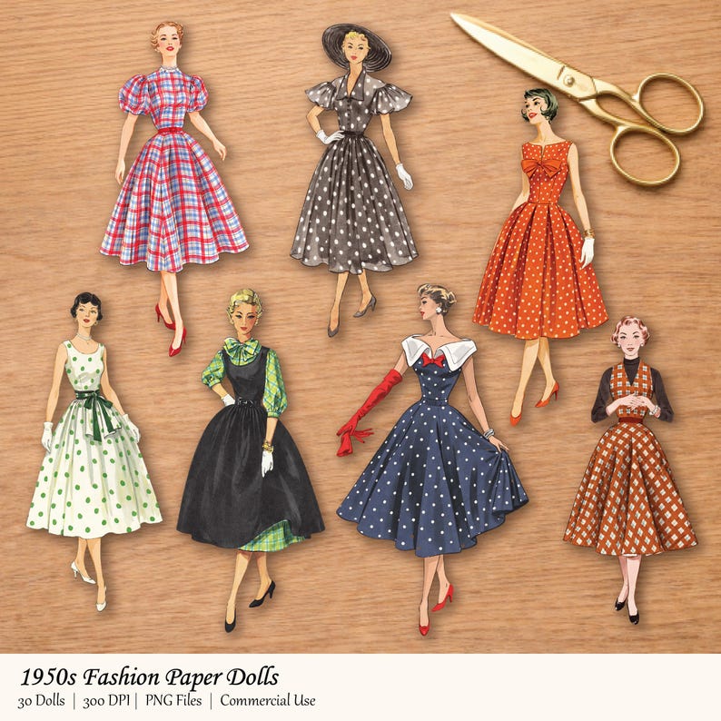 May include: A collection of vintage paper dolls featuring women in 1950s fashion. The dolls are dressed in various dresses with polka dots, plaid, and solid colors. A pair of gold scissors is also present.