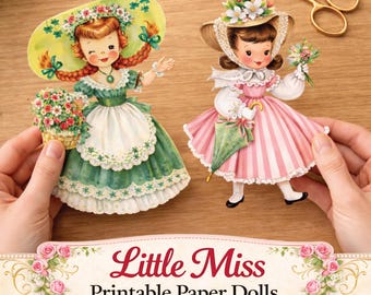 Little Miss Spring Paper Dolls Printable, 1950s Retro Paper Dolls plus Shabby Chic Ephemera, Mid Century Darling Dolls, Digital Download
