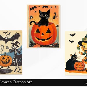 May include: Three vintage Halloween cartoon illustrations. The first shows two skeletons dancing with a jack-o-lantern. The second shows a black cat sitting inside a jack-o-lantern. The third shows a witch with a black cat painting a jack-o-lantern.