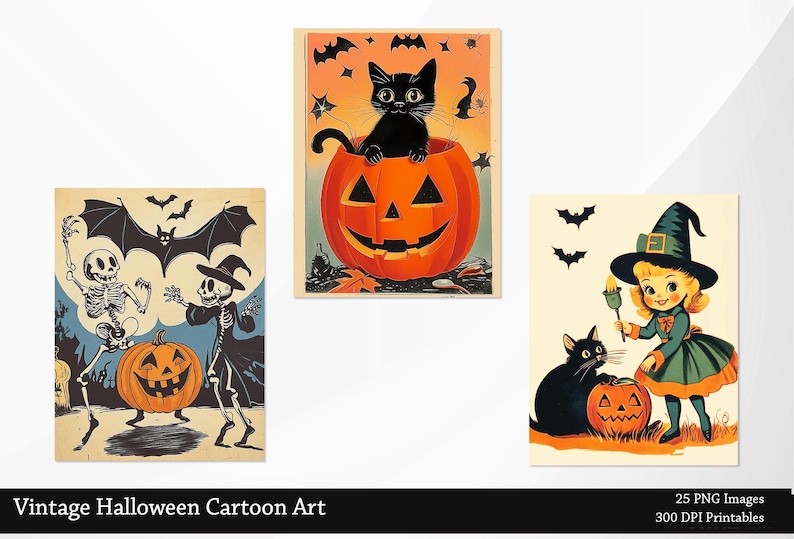 May include: Three vintage Halloween cartoon illustrations. The first shows two skeletons dancing with a jack-o-lantern. The second shows a black cat sitting inside a jack-o-lantern. The third shows a witch with a black cat painting a jack-o-lantern.