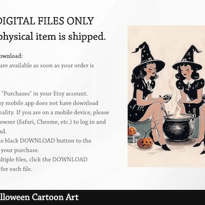 May include: Three witches in black dresses and pointy hats are stirring a cauldron. They are standing in front of a pumpkin and a cauldron. The image is in a vintage cartoon style.