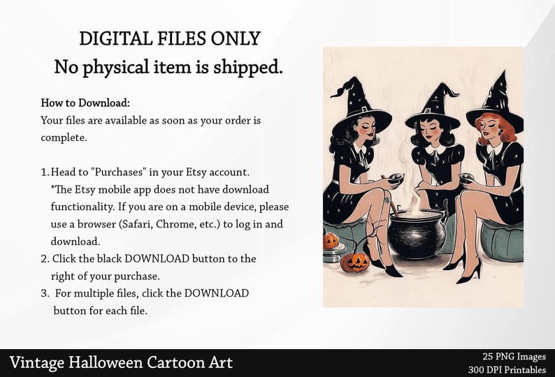 May include: Three witches in black dresses and pointy hats are stirring a cauldron. They are standing in front of a pumpkin and a cauldron. The image is in a vintage cartoon style.