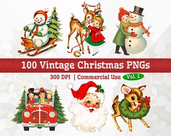 Può includere: Una collezione di illustrazioni natalizie in stile vintage con un pupazzo di neve su una slitta, un bambino con un cervo, un bambino che abbraccia un pupazzo di neve, una famiglia in un'auto rossa, Babbo Natale e un cerbiatto con una ghirlanda.