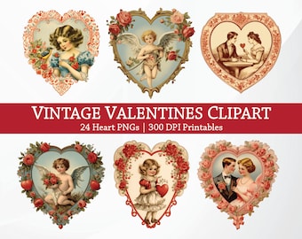 May include: Six vintage Valentine's Day heart-shaped illustrations with ornate borders. The illustrations feature a couple, a cherub, and a young girl. The text "Vintage Valentines Clipart" and "24 Heart PNGs | 300 DPI Printables" is displayed below the images.