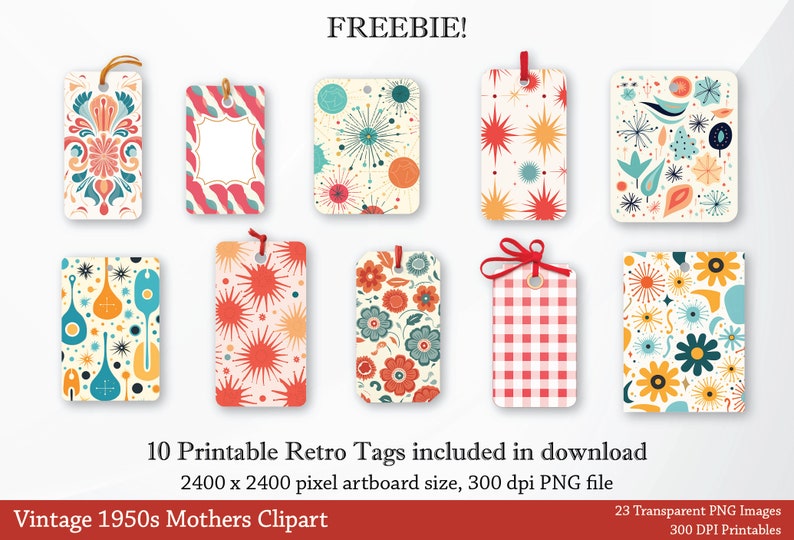May include: Ten printable retro gift tags with various patterns, including floral, geometric, and abstract designs. The tags are 2400 x 2400 pixels and are 300 dpi PNG files.  FREEBIE!  Vintage 1950s Mothers Clipart.
