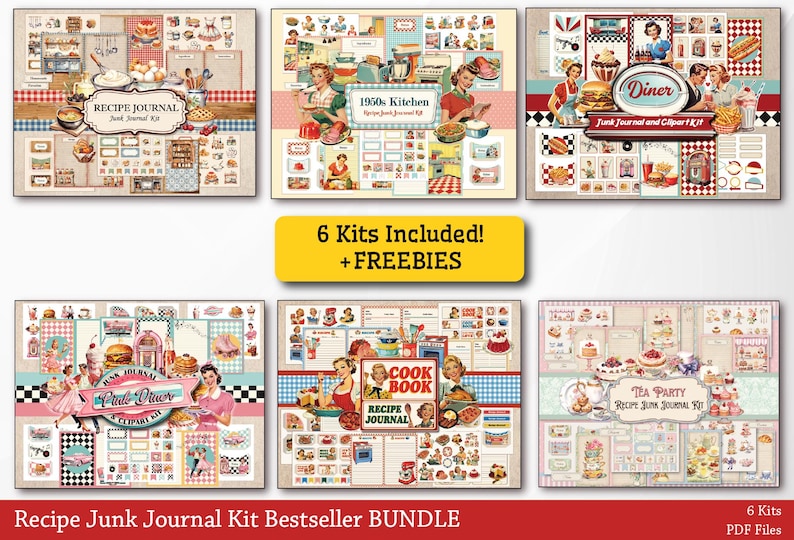 BESTSELLER BUNDLE Retro Kitchen Recipe Junk Journal Kit, Fussy Cut ...