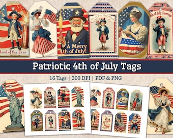 Vintage 4th Of July Tags, Independence Day USA America Image Bundle, 1950s Retro Flag Day Clipart, Printable Americana Junk Journal Graphics