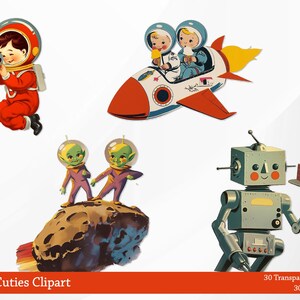 May include: A collection of retro-style space-themed clipart images. Includes illustrations of an astronaut with a dog, children in a rocket ship, aliens, and a robot holding cake. The images are in a vintage cartoon style.