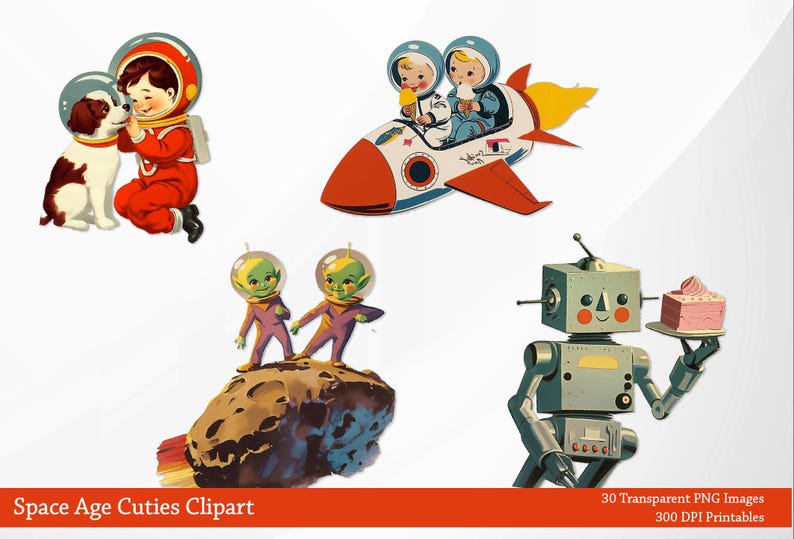 May include: A collection of retro-style space-themed clipart images. Includes illustrations of an astronaut with a dog, children in a rocket ship, aliens, and a robot holding cake. The images are in a vintage cartoon style.
