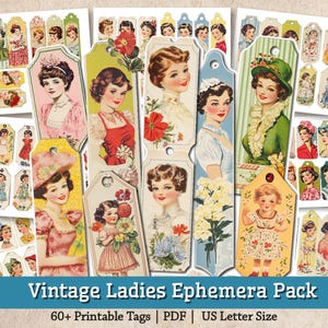 Vintage Ladies Ephemera Pack, Printable Retro Tags 1950s Women, Floral Victorian Ephemera Bookmarks Tags Tickets Junk Journal Collage