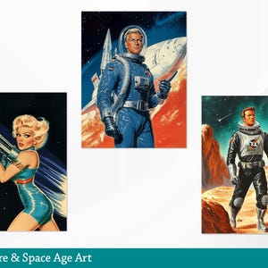 May include: Three retro-style illustrations of people in space suits. The first image shows a woman in a blue and white space suit holding a rocket. The second image shows a man in a blue space suit standing in front of a rocket. The third image shows a man in a black space suit standing on a red planet.