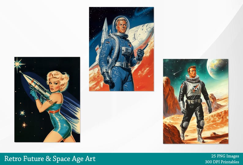 May include: Three retro-style illustrations of people in space suits. The first image shows a woman in a blue and white space suit holding a rocket. The second image shows a man in a blue space suit standing in front of a rocket. The third image shows a man in a black space suit standing on a red planet.