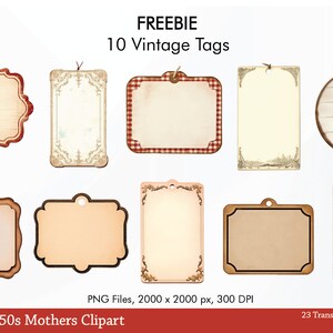 May include: Ten vintage style tags with different borders and designs. The tags are all blank and ready to be used for labeling or decorating. The tags are 2000 x 2000 pixels and 300 DPI.
