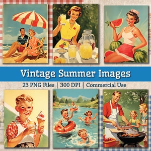 Illustrazioni estive vintage degli anni '50, pacchetto di immagini stampabili, immagini PNG retrò clipart, gita estiva sulla spiaggia con barbecue, collage di diario spazzatura