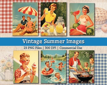 Vintage 1950s Summer Illustrations, Printable Image Bundle, Retro Clipart PNG Images, Summer BBQ Barbecue Beach Outing, Junk Journal Collage