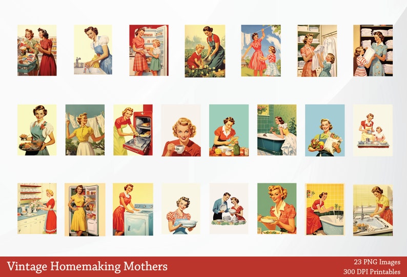 May include: A collection of 23 vintage illustrations depicting women in various domestic settings. The illustrations are in a retro style and feature women performing tasks such as cooking, cleaning, and gardening. The illustrations are perfect for adding a touch of nostalgia to any project.