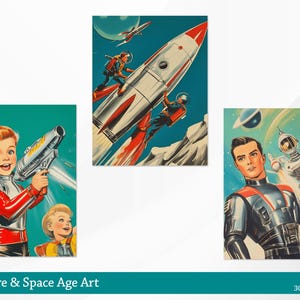 May include: Three vintage illustrations featuring children in futuristic space-themed settings. The first image shows a boy holding a ray gun, the second shows a boy and girl in a rocket ship, and the third shows a boy in a space suit.