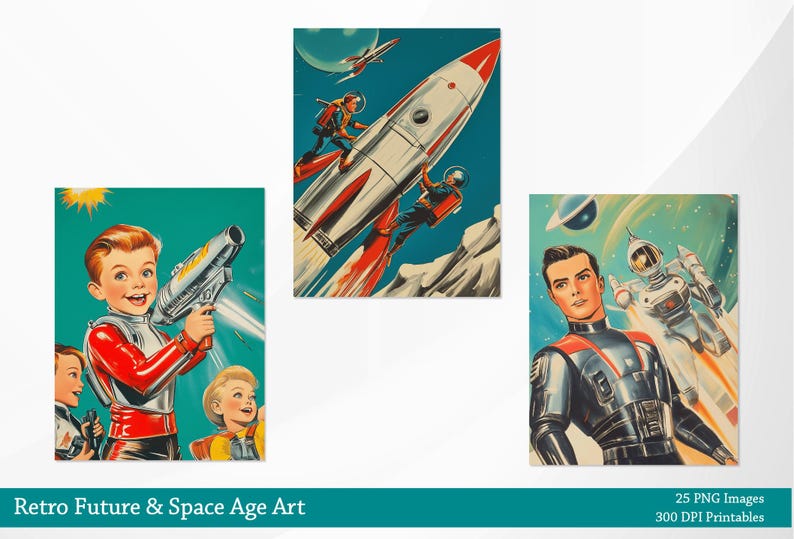 May include: Three vintage illustrations featuring children in futuristic space-themed settings. The first image shows a boy holding a ray gun, the second shows a boy and girl in a rocket ship, and the third shows a boy in a space suit.