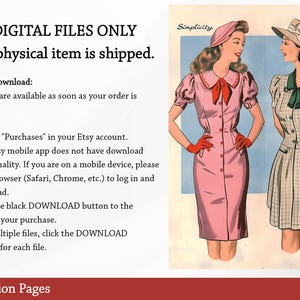 May include: Two women in vintage dresses and hats. The woman on the left is wearing a pink dress with a red bow and red gloves. The woman on the right is wearing a plaid dress with a green bow. The text "Simplicity" is in the top left corner of the image. The text "28 PNG Images 300 DPI Printables" is in the bottom right corner of the image.