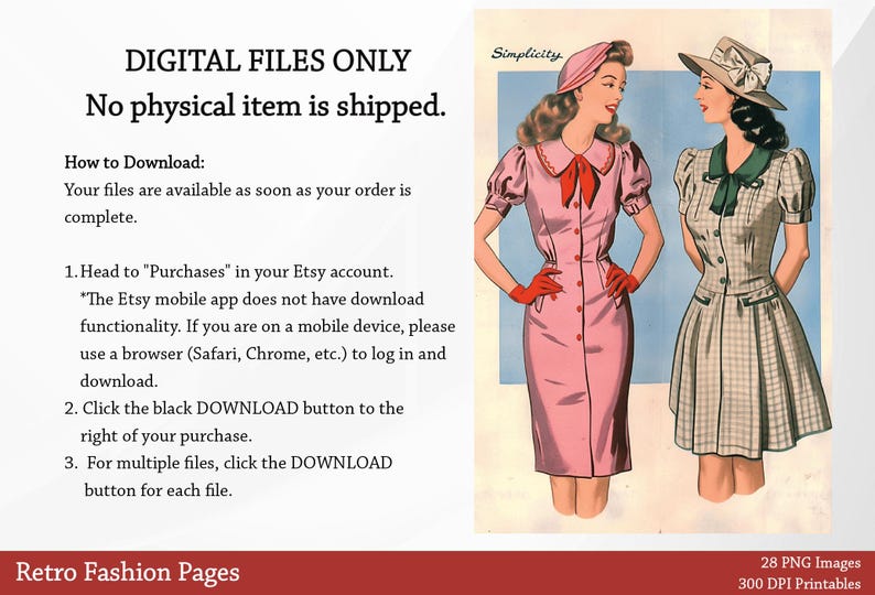 May include: Two women in vintage dresses and hats. The woman on the left is wearing a pink dress with a red bow and red gloves. The woman on the right is wearing a plaid dress with a green bow. The text "Simplicity" is in the top left corner of the image. The text "28 PNG Images 300 DPI Printables" is in the bottom right corner of the image.