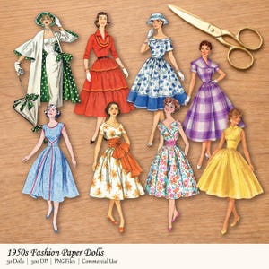 May include: A collection of vintage paper dolls featuring women in 1950s fashion. The dolls are dressed in colorful dresses with various patterns and styles, including floral, plaid, and solid colors. A pair of gold scissors is also present.