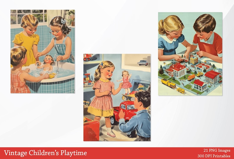 Puede incluir: Tres ilustraciones vintage de ni&ntilde;os jugando. La primera imagen muestra a dos ni&ntilde;as en un ba&ntilde;o, una est&aacute; ba&ntilde;ando a una mu&ntilde;eca. La segunda imagen muestra a una ni&ntilde;a y un ni&ntilde;o jugando con coches y camiones de juguete. La tercera imagen muestra a una ni&ntilde;a y un ni&ntilde;o jugando con coches y camiones de juguete.