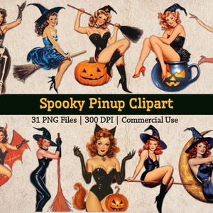 Vintage Halloween Pinup Clipart Retro 50s Women Image Bundle Spooky Season 1950s Vintage Witch PNG Fussy Cut Mid Century Digital Download